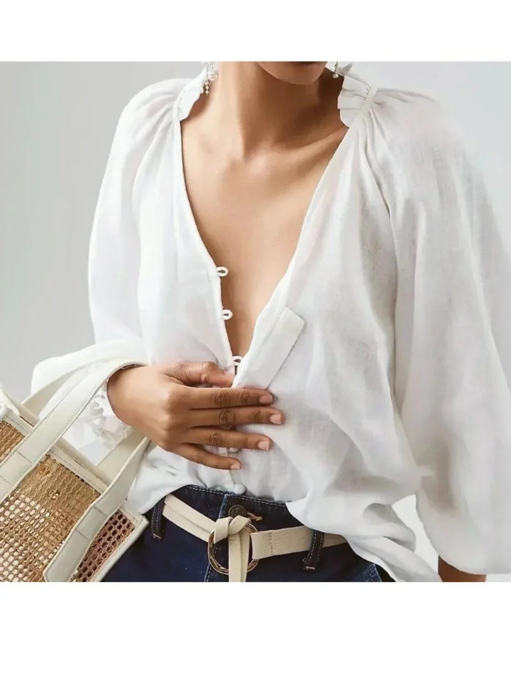 Anthropologie Maeve puffy sleeve pure linen white top size S small Audie